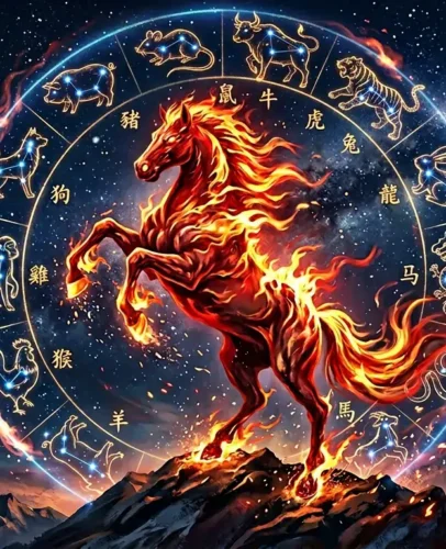 march-2026-fire-horse-chinese-zodiac-horoscope Illustrated Fire Horse surrounded by the 12 Chinese zodiac animals in a Tibetan mandala style for March 2026 horoscope