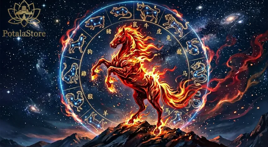 march-2026-fire-horse-chinese-zodiac-horoscope Illustrated Fire Horse surrounded by the 12 Chinese zodiac animals in a Tibetan mandala style for March 2026 horoscope