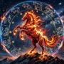 march-2026-fire-horse-chinese-zodiac-horoscope Illustrated Fire Horse surrounded by the 12 Chinese zodiac animals in a Tibetan mandala style for March 2026 horoscope