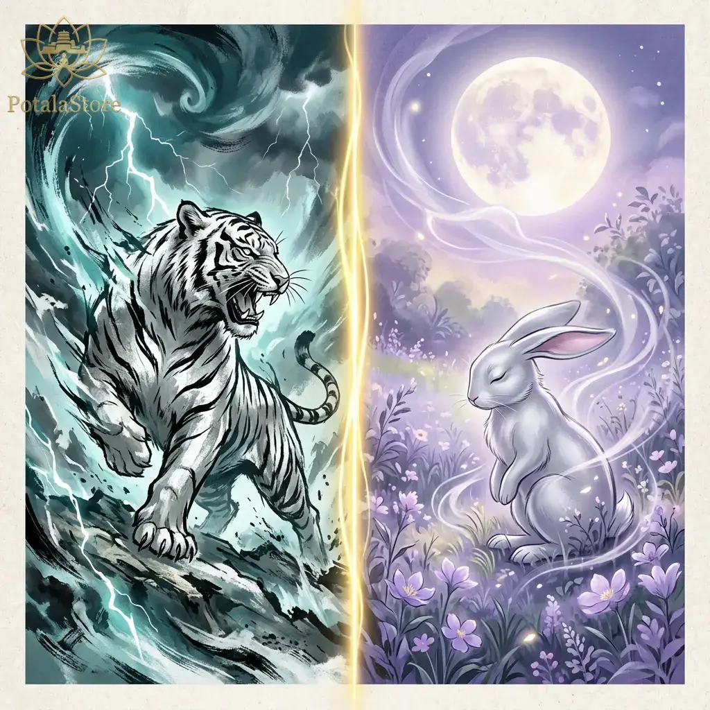 Split illustration showing Metal Tiger on left in blue tones and Metal Rabbit on right in purple tones, representing March 2026's two Chinese lunar months