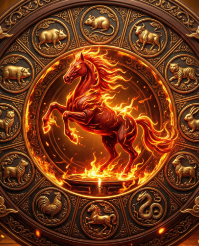 A glowing Fire Horse surrounded by the 12 Chinese zodiac animals in a circular wheel, set against a deep red and gold background