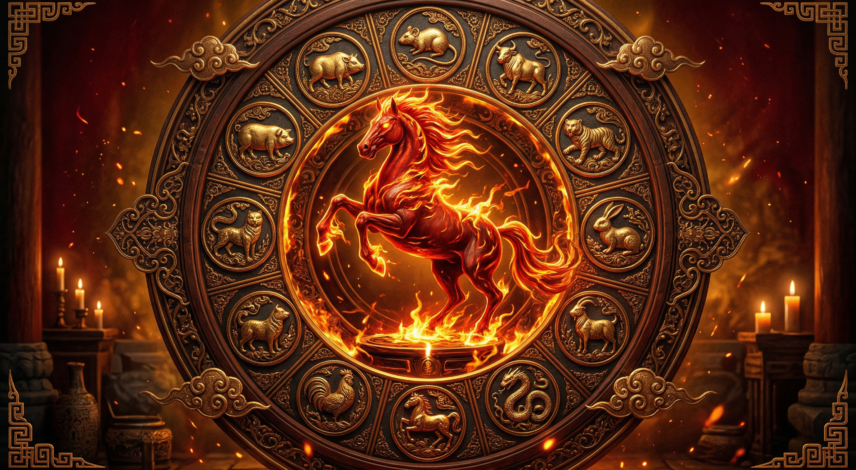 A glowing Fire Horse surrounded by the 12 Chinese zodiac animals in a circular wheel, set against a deep red and gold background