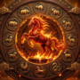 may-2026-fire-horse-chinese-zodiac-horoscope A glowing Fire Horse surrounded by the 12 Chinese zodiac animals in a circular wheel, set against a deep red and gold background