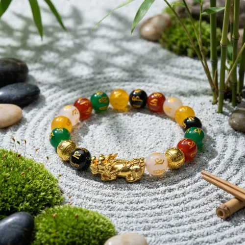 Pixiu five elements agate bracelet with gold charm displayed in a zen sand garden surrounded by moss, bamboo, and river stones