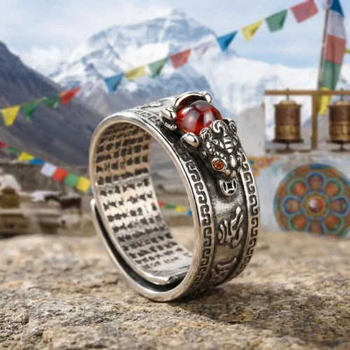 Adjustable silver PiXiu ring with full Heart Sutra engraving inside band, natural red agate cabochon, photographed beside Tibetan prayer wheels and Himalayan peaks