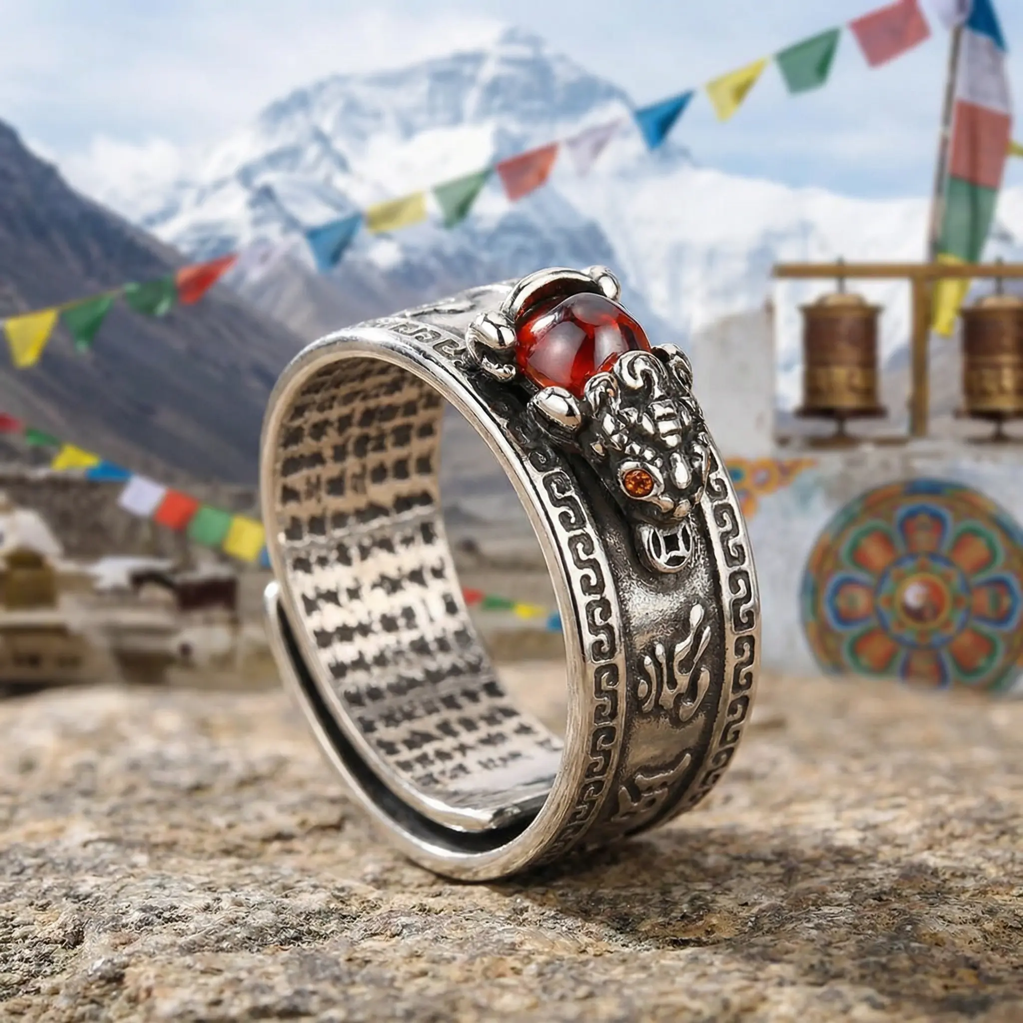 pixiu-mantra-ring-heart-sutra-engraving-tibet-prayer-wheel Adjustable silver PiXiu ring with full Heart Sutra engraving inside band, natural red agate cabochon, photographed beside Tibetan prayer wheels and Himalayan peaks