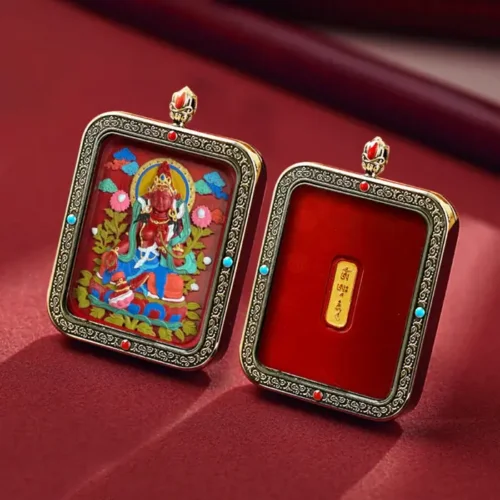 Potalastore Hand Painted Thangka Cinnabar White Copper Pendant Necklace Amitabha Buddha Green Tara