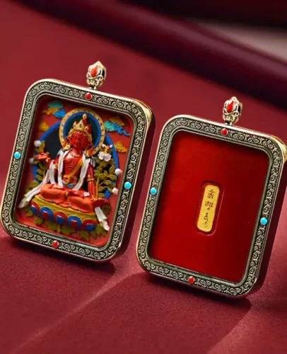 Potalastore Hand Painted Thangka Cinnabar White Copper Pendant Necklace Amitabha Buddha Mahasthamaprapta