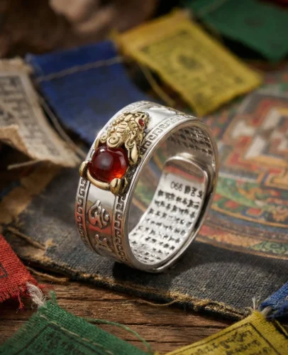 red-agate-pixiu-wealth-ring-tibetan-prayer-flags Red agate PiXiu wealth ring with Heart Sutra engraving displayed on Tibetan prayer flags and thangka mandala background