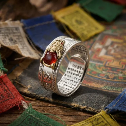 Red agate PiXiu wealth ring with Heart Sutra engraving displayed on Tibetan prayer flags and thangka mandala background