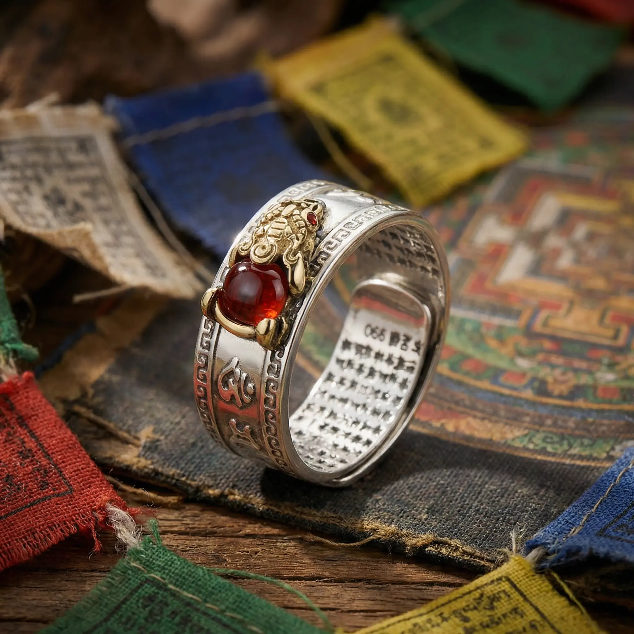 red-agate-pixiu-wealth-ring-tibetan-prayer-flags Red agate PiXiu wealth ring with Heart Sutra engraving displayed on Tibetan prayer flags and thangka mandala background