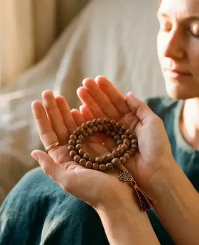 spiritual-bracelet-self-purchase-hero Woman holding a handmade Tibetan Buddhist mala bracelet in both palms, eyes closed, setting an intention before wearing it