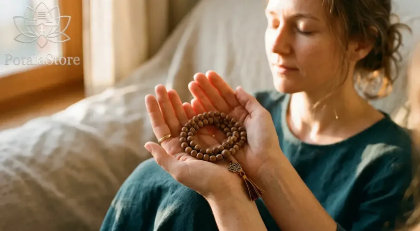 spiritual-bracelet-self-purchase-hero Woman holding a handmade Tibetan Buddhist mala bracelet in both palms, eyes closed, setting an intention before wearing it