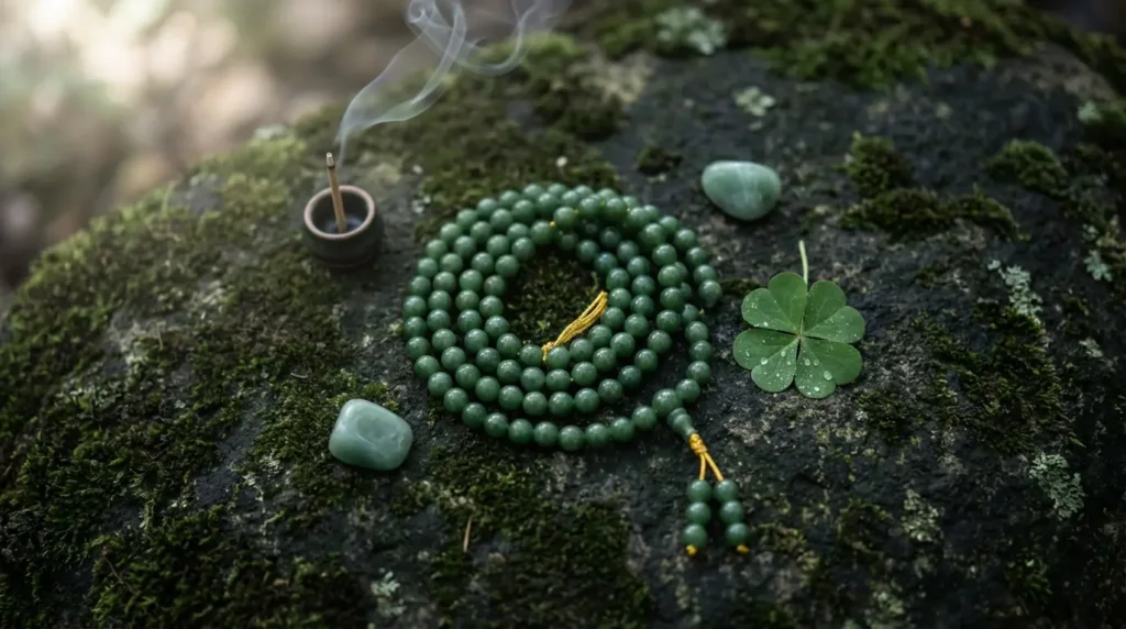 Side-by-side comparison of Celtic eternal knot and Tibetan Buddhist Endless Knot Ashtamangala symbol in gold on green background