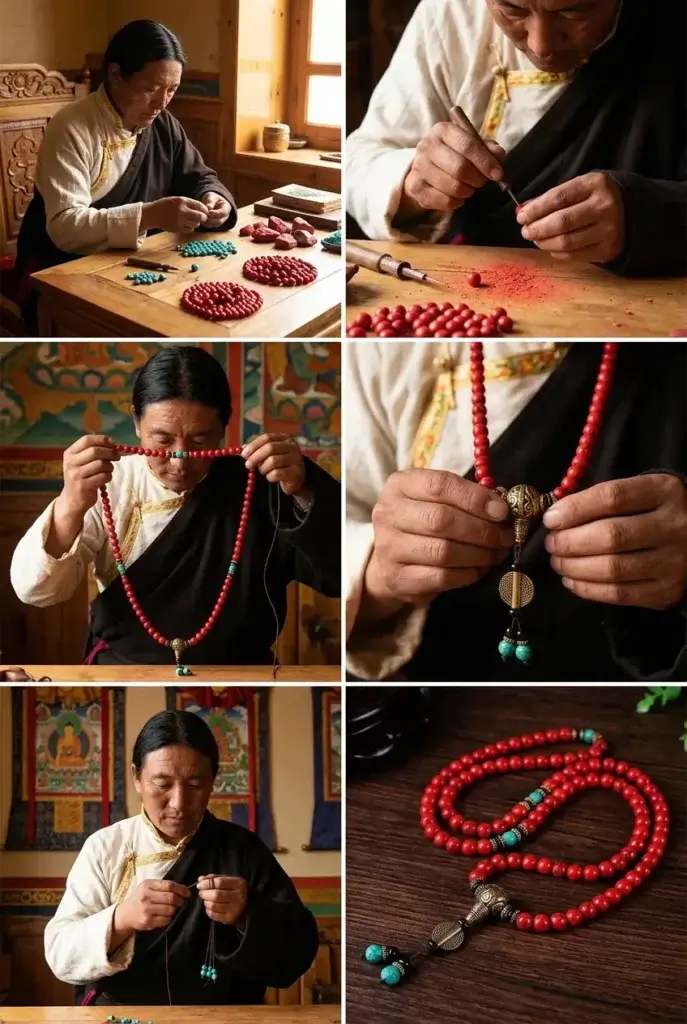 Tibetan artisan hand-drilling and stringing 108 red turquoise mala beads with brass guru bead in traditional workshop