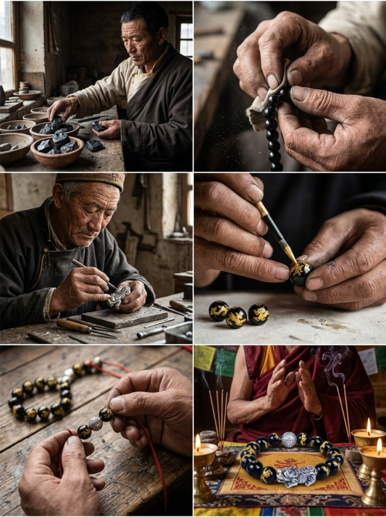 Tibetan artisan selecting raw black obsidian stones
