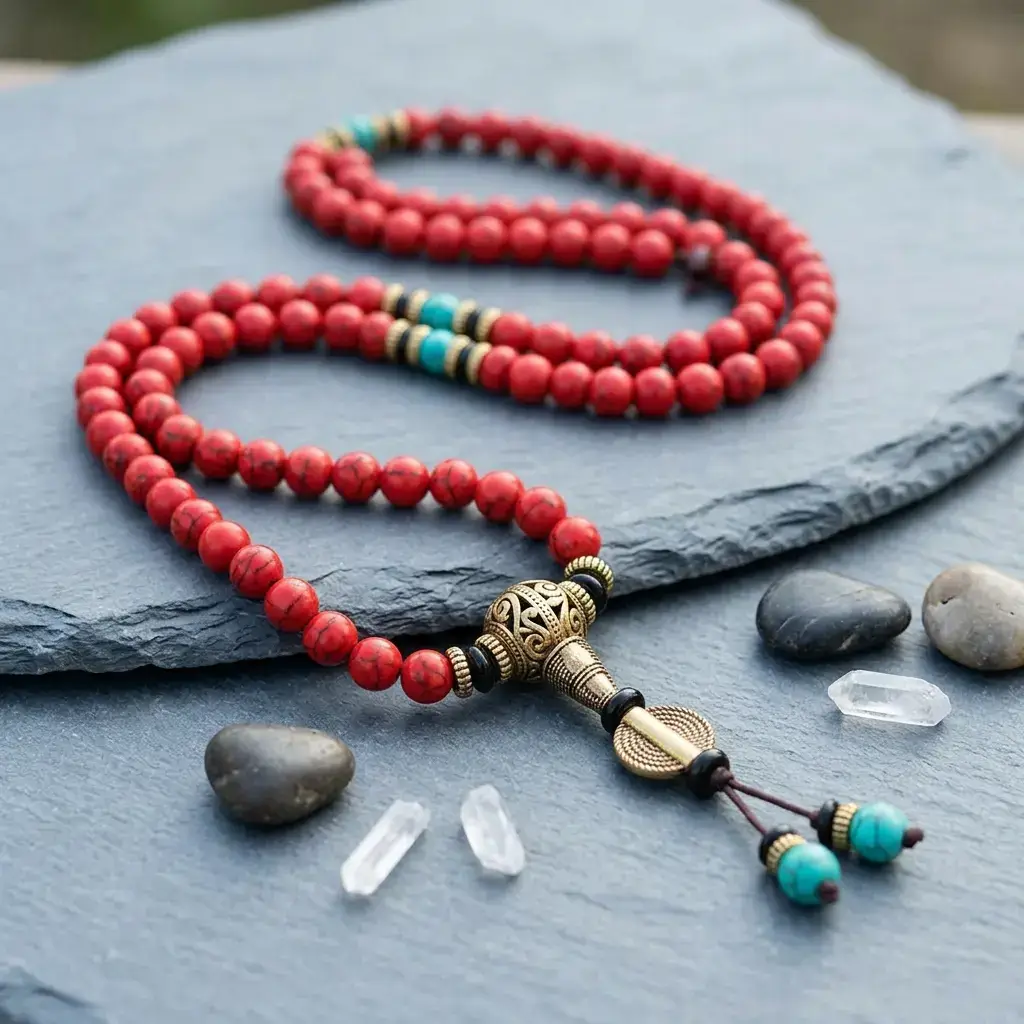 tibetan-mala-red-turquoise-108-beads-natural-stone-background-potalastore 108 red turquoise Tibetan mala beads with engraved brass guru bead on slate stone with natural crystals
