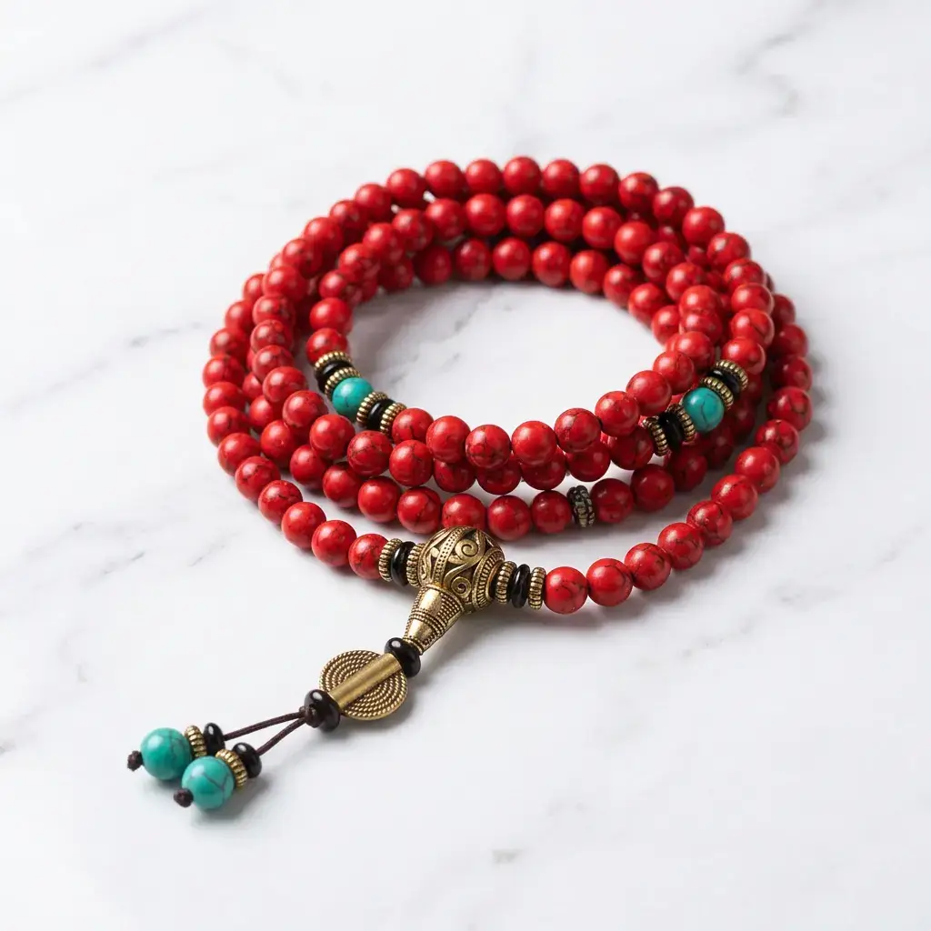 tibetan-mala-red-turquoise-108-beads-necklace-marble-potalastore Tibetan mala red turquoise 108 beads necklace with antique brass guru bead on white marble background