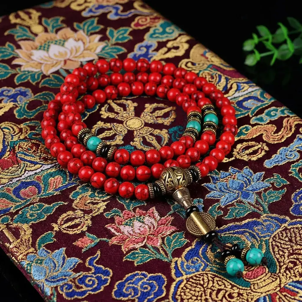 tibetan-mala-red-turquoise-bracelet-necklace-tibetan-fabric-potalastore Handmade Tibetan mala 108 red turquoise beads coiled on traditional Tibetan brocade fabric with brass ornament