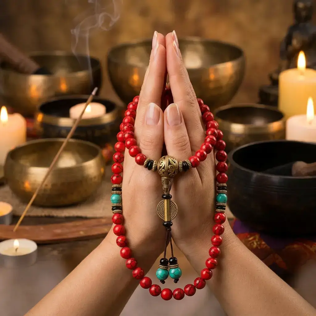 tibetan-mala-red-turquoise-prayer-hands-close-up-singing-bowls-potalastore Close-up of prayer hands holding 108 red turquoise Tibetan mala with brass guru bead surrounded by singing bowls and incense