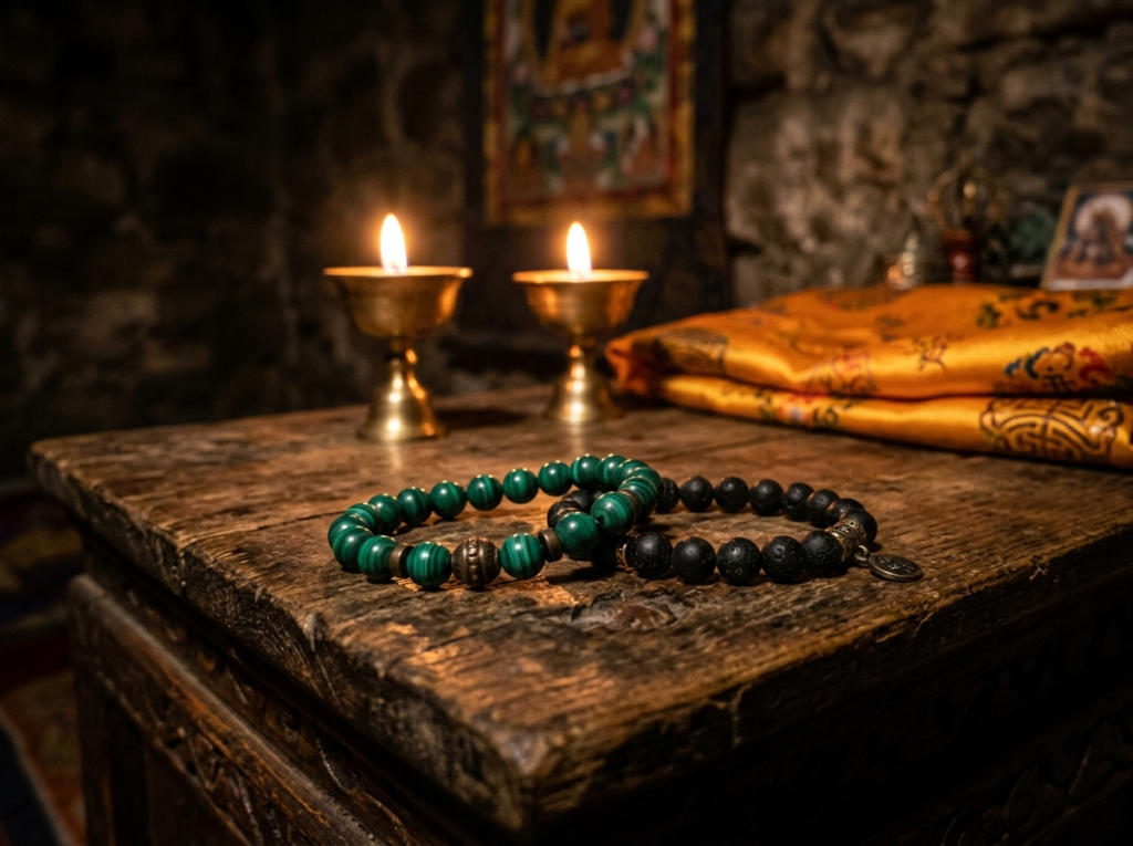 Malachite and black tourmaline crystal bracelets resting on a carved wooden Tibetan prayer table with butter lamp candlelight in background