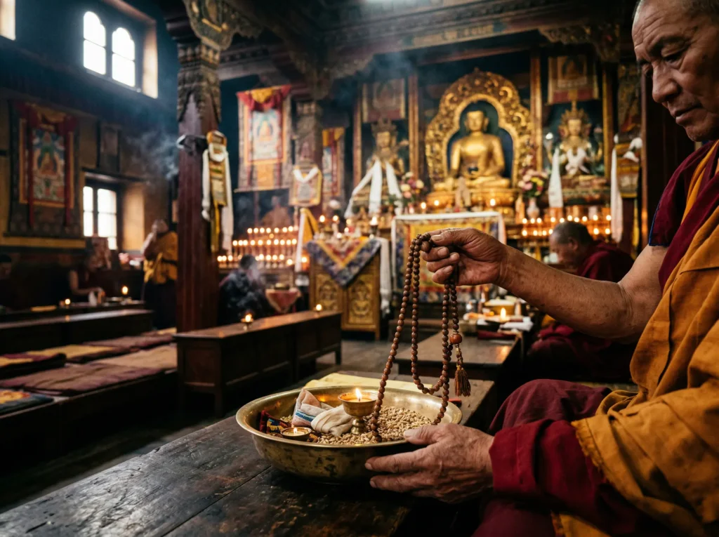 Cinematic interior photography inside a Tibetan Buddhist monastery prayer hall. Warm, atmospheric light from butter lamps and filtered natural light through high windows. In the foreground, hands of a Buddhist monk in saffron and maroon robes holding a strand of mala beads over an offering bowl. Background softly blurred — golden altar statues, thankas (painted scrolls), incense smoke rising. Candle flames and small golden bowls with offerings. Rich, deep color palette — deep crimson, gold, dark wood, aged wood textures. Spiritual reverence. Slow shutter feel. No posed commercial aesthetic — should feel documentary and real. High contrast between shadow and warm lamplight.