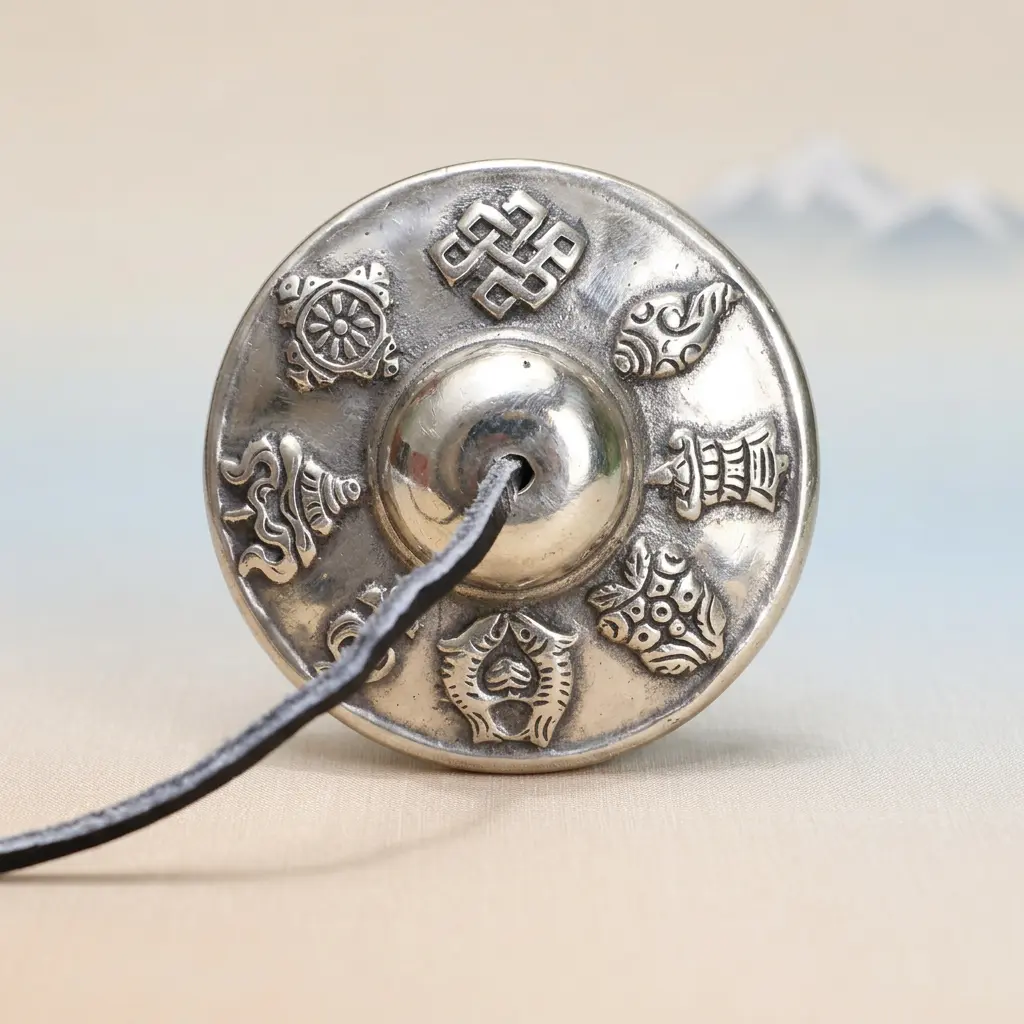 tibetan-tingsha-bell-eight-auspicious-symbols-white-copper-potalastore Close-up of a white copper Tibetan tingsha bell engraved with the Eight Auspicious Symbols (Ashtamangala), featuring the Endless Knot, Dharma Wheel, Lotus, and Treasure Vase, with a leather strap and Himalayan mountain backdrop