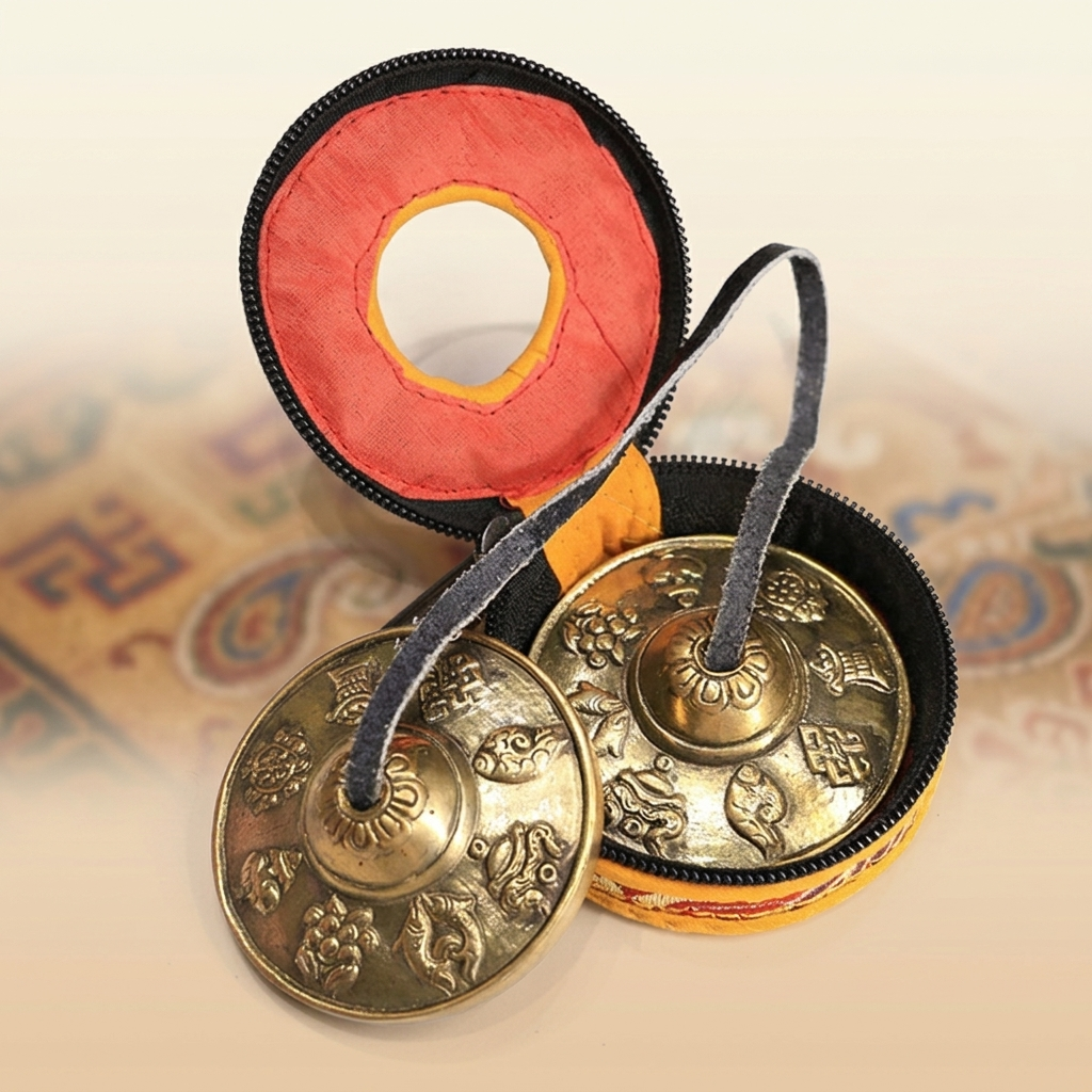 tibetan-tingsha-bells-8-auspicious-symbols-copper-with-carry-bag Tibetan copper tingsha bells engraved with 8 Auspicious Symbols displayed with open yellow and red fabric carry bag on decorative Tibetan pattern background