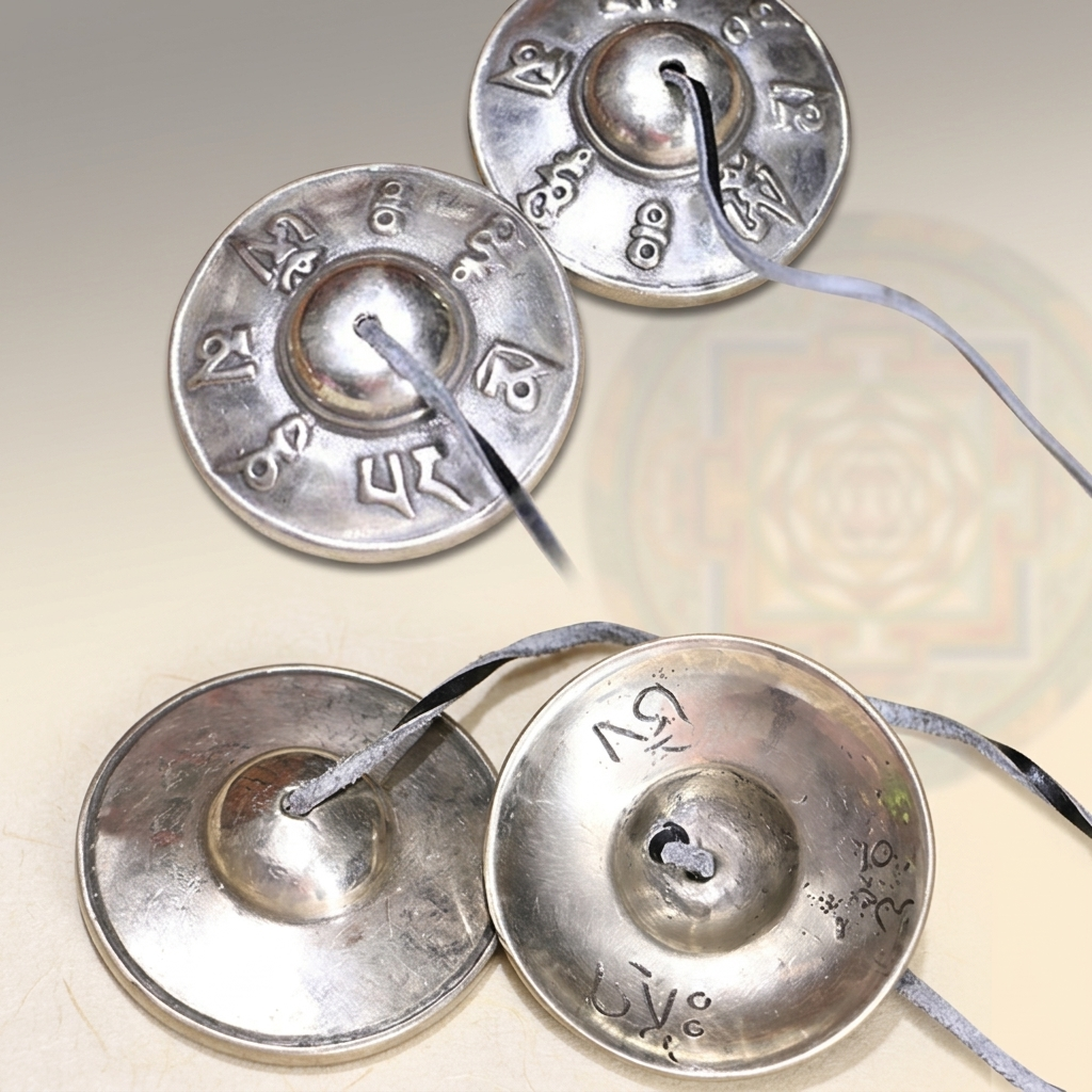 tibetan-tingsha-bells-front-back-all-sides-six-true-words-white-copper Four-view composite of white copper Tibetan tingsha bells showing Om Mani Padme Hum engravings on the outer face and smooth polished concave interior on both bells