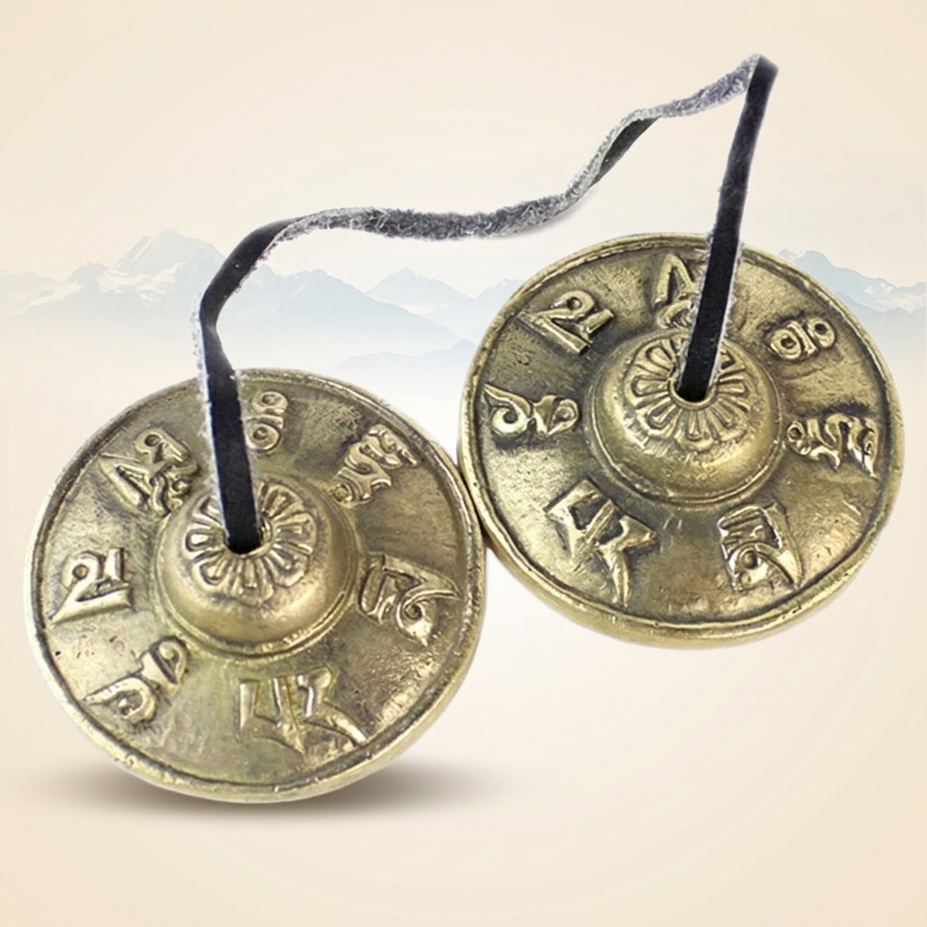 tibetan-tingsha-bells-six-true-words-om-mani-padme-hum-copper-pair Pair of handmade Tibetan copper tingsha bells engraved with Six True Words Om Mani Padme Hum mantra, connected by leather strap, against mountain background