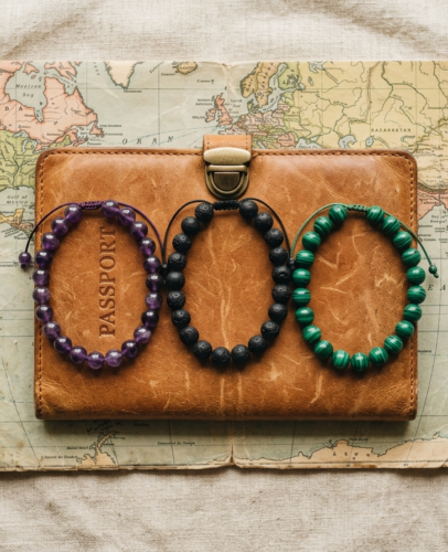 travel-protection-crystal-bracelets-potalastore Three crystal bracelets for travel protection — amethyst, black tourmaline, and malachite — laid on a worn leather passport holder