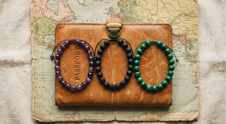 Three crystal bracelets for travel protection — amethyst, black tourmaline, and malachite — laid on a worn leather passport holder