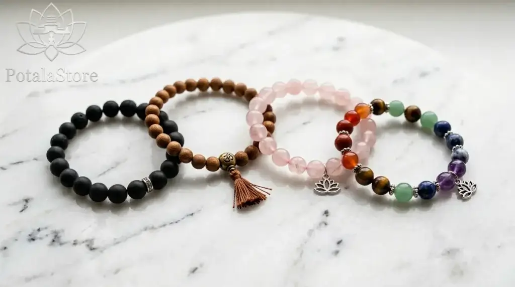 Four spiritual bracelets displayed on a natural stone surface: a black tourmaline protection bracelet, a sandalwood Buddhist mala bracelet, a rose quartz healing bracelet, and a seven-stone rainbow chakra bracelet