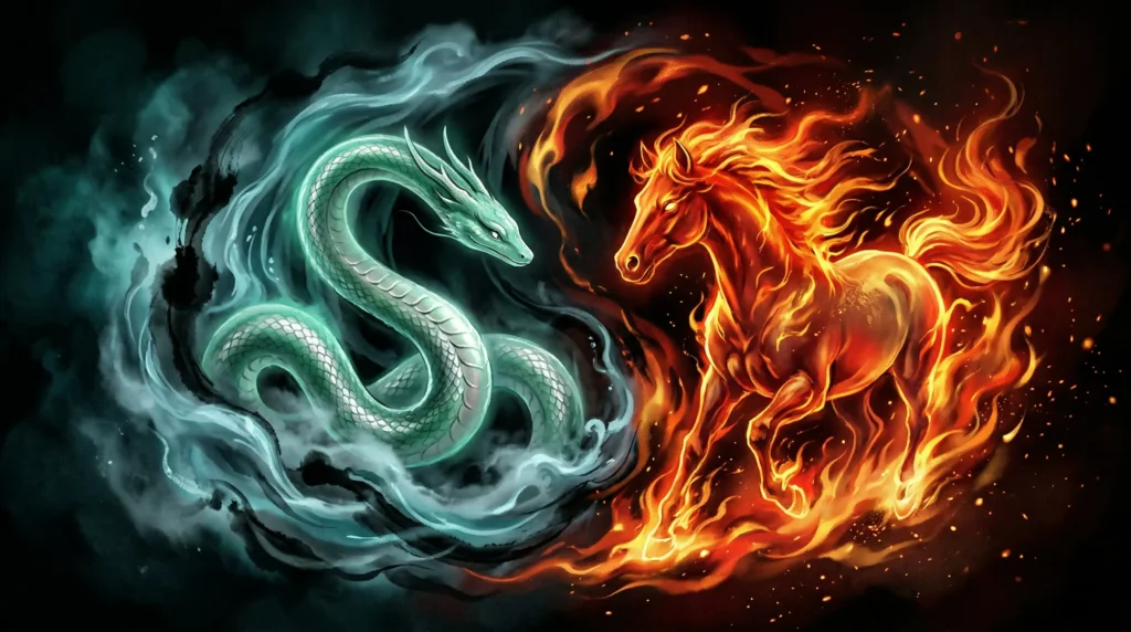 A serpent coiled in blue water mist facing a red flame horse, symbolizing the Yin Water Snake monthly pillar within the 2026 Fire Horse year