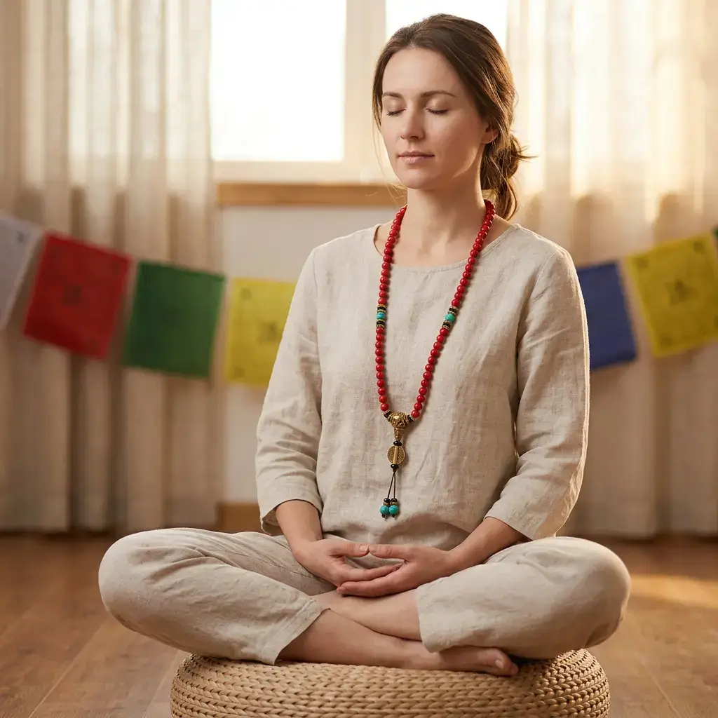 woman-meditating-tibetan-mala-red-turquoise-necklace-prayer-flags Woman sitting in lotus pose wearing red turquoise Tibetan mala necklace during meditation with colorful prayer flags
