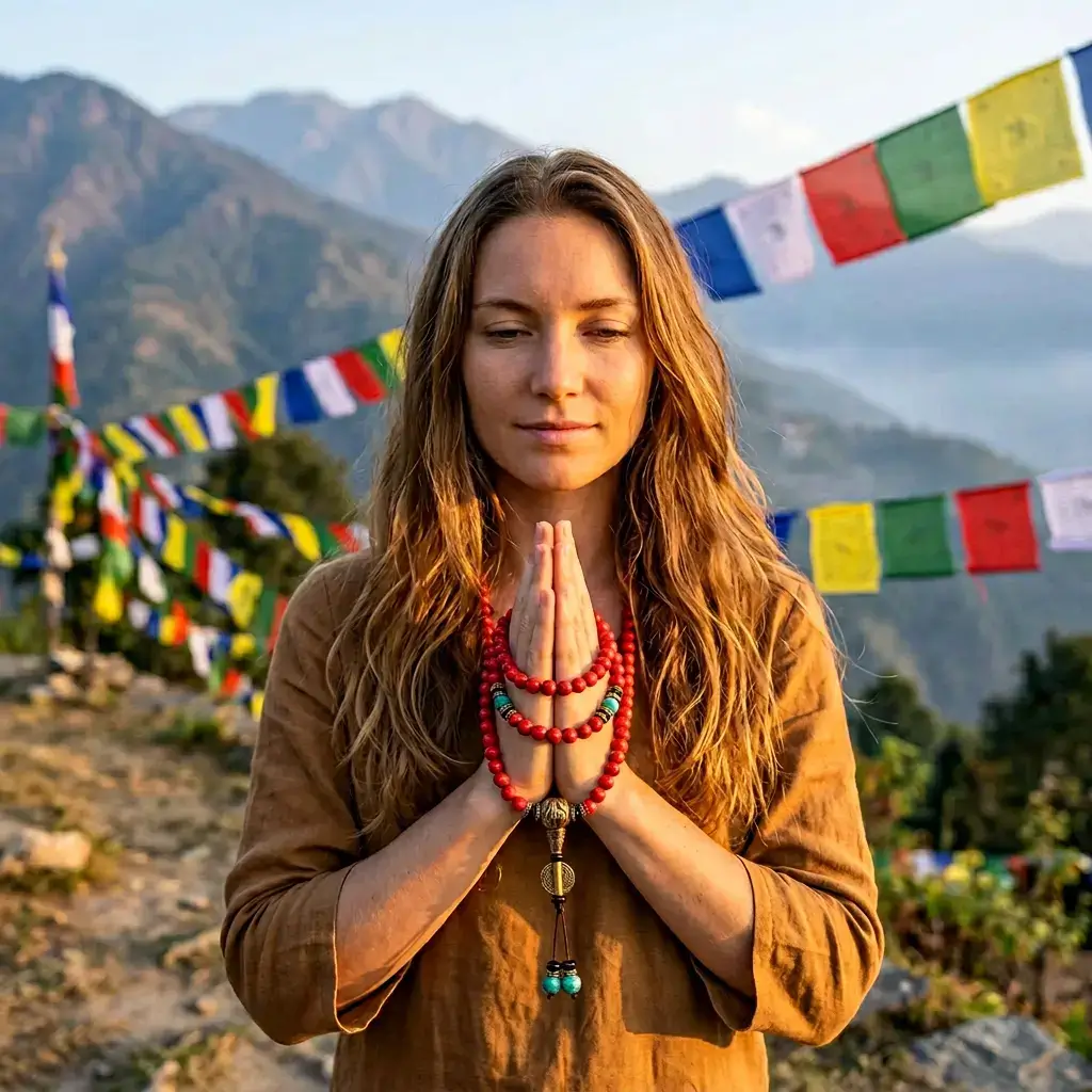 woman-wearing-tibetan-mala-red-turquoise-bracelet-outdoor-mountain-prayer-flags Woman in namaste pose wearing red turquoise Tibetan mala as bracelet outdoors with mountain prayer flags at sunset