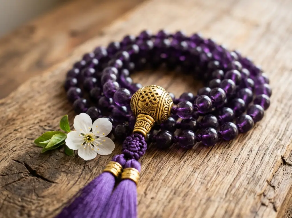 108-bead Tibetan mala necklace in deep purple amethyst beads with gold guru bead, hand-knotted string, coiled on aged wooden surface beside a small white spring flower