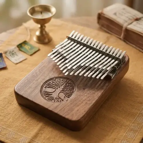 34 Key Kalimba Black Walnut — Tibetan Meditation Altar Flat Lay