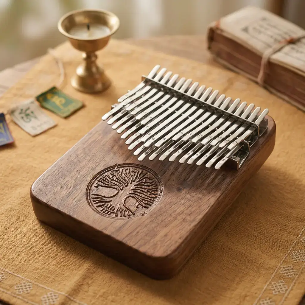34-Key Kalimba Black Walnut — Tibetan Meditation Altar Flat Lay 34 Key Kalimba Black Walnut — Tibetan Meditation Altar Flat Lay