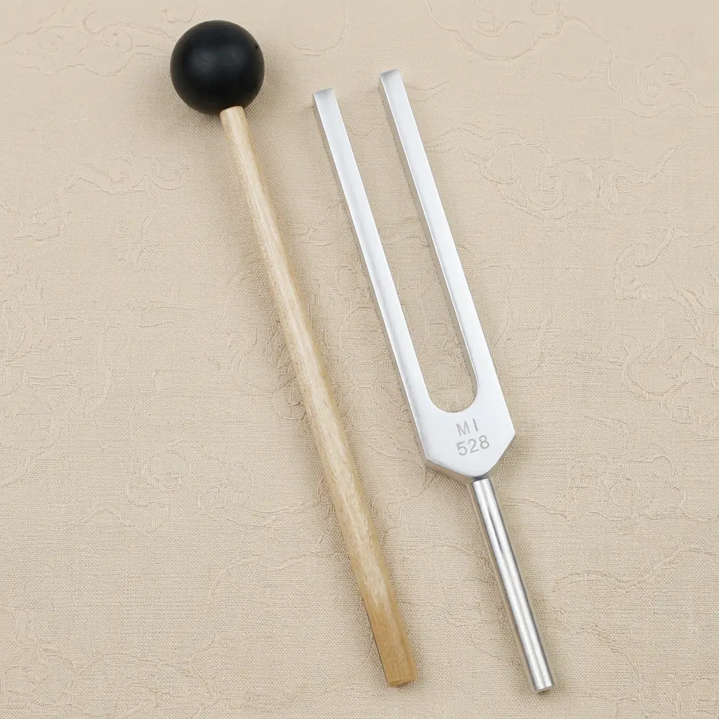 528 Hz MI Tuning Fork and Mallet – Complete Sound Healing Set on Tibetan Brocade PotalaStore 528 Hz aluminum alloy tuning fork and wood mallet with rubber tip displayed flat on a traditional Tibetan brocade fabric — PotalaStore meditation and chakra healing tool