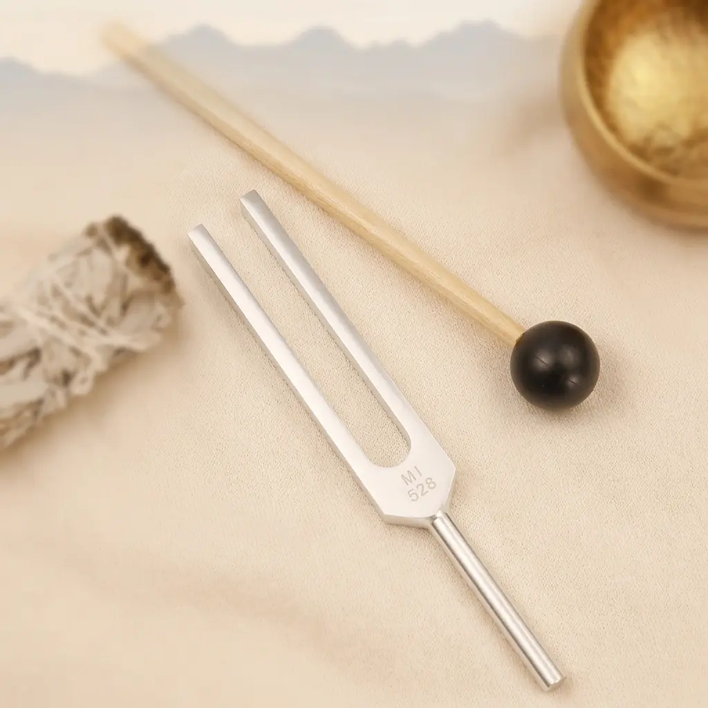 528 Hz Solfeggio Tuning Fork for Sound Healing – Displayed with White Sage and Tibetan Singing Bowl PotalaStore 528 Hz MI tuning fork and rubber mallet beside white sage smudge stick and Tibetan singing bowl — chakra healing and sound therapy set from PotalaStore