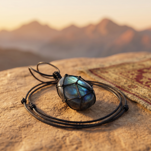 Dragon's Heart labradorite macrame necklace with adjustable black waxed cord coiled on sandstone rock, Himalayan mountain range at golden hour, traditional Tibetan rug corner visible
