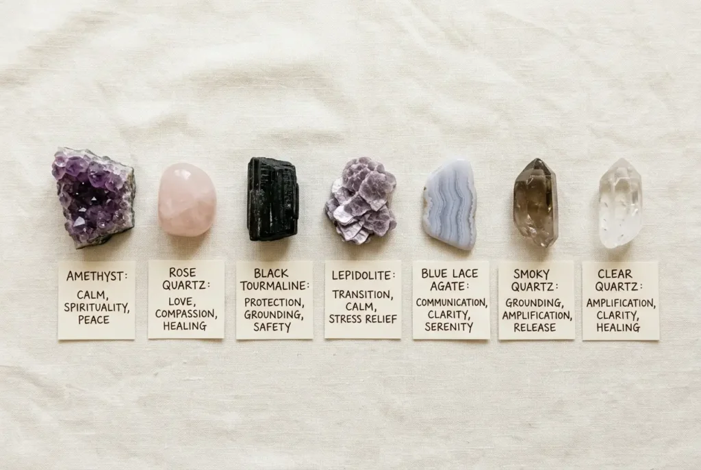 Side-by-side comparison of seven anxiety crystals labeled with their specific use case — amethyst for sleep, rose quartz for social anxiety, black tourmaline for panic