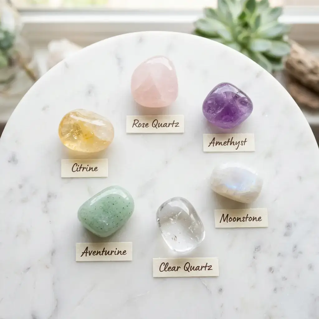 Six Easter renewal crystals arranged in a circle on white marble: rose quartz, amethyst, moonstone, clear quartz, green aventurine, and citrine with small handwritten name labels