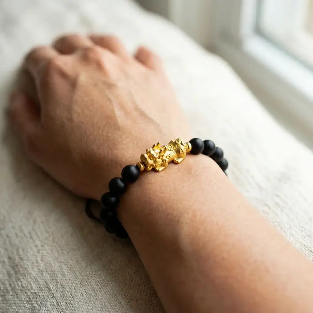 A black obsidian Pixiu bracelet on a woman's left wrist, showing the golden dragon-lion Pixiu bead facing outward, photographed against a soft ivory linen background with natural daylight