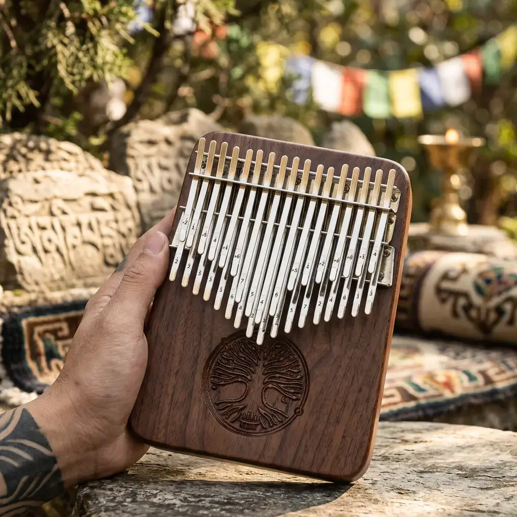 Black Walnut Kalimba 34 Keys — Tibetan Mani Stone Outdoor Setting Black Walnut Kalimba 34 Keys — Tibetan Mani Stone Outdoor Setting