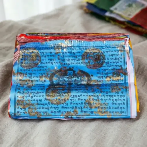 Blue Tibetan Prayer Flag with Buddha Image Traditional Buddhist Textile Art