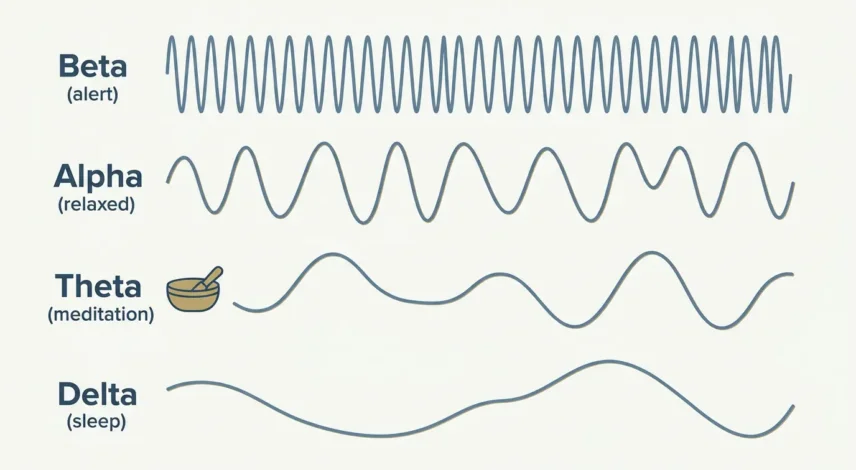 Brainwave Entrainment Diagram – How Sound Healing Affects Brain Waves A hand-hammered Tibetan singing bowl resting on a meditation cushion, used for sound healing practice