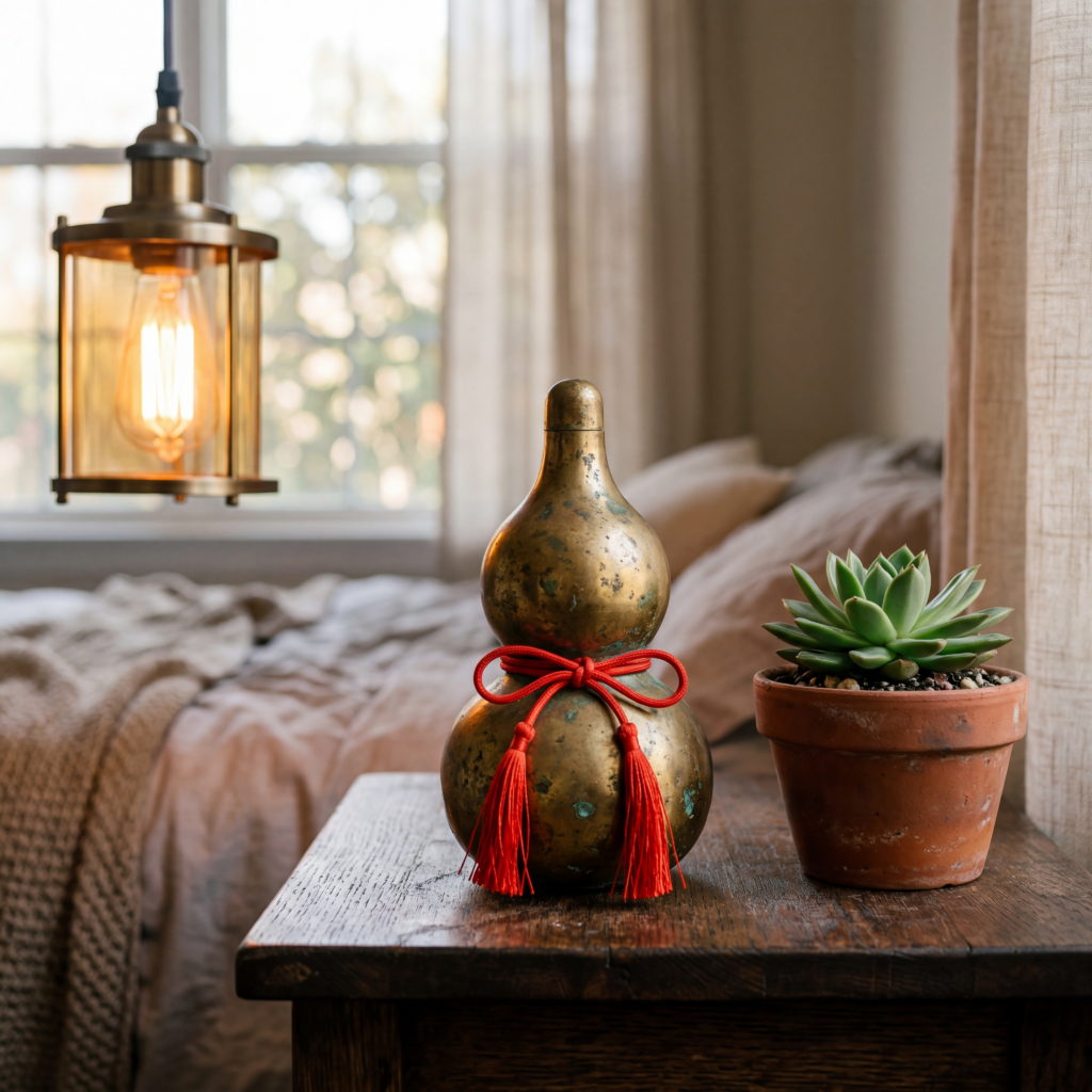A traditional brass Wu Lou gourd with a red string tied around its neck, placed on a wooden bedside table next to a small potted plant and warm ambient lamp, representing a feng shui health protection placement