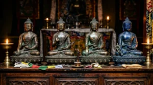 A collection of four bronze Buddha statues displaying different mudras — Dhyana, Abhaya, Bhumisparsha, and Medicine Buddha — arranged on a wooden altar with soft candlelight